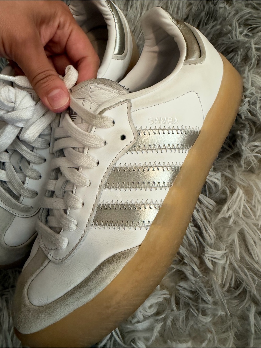 adidas Sambae Sneakers - White with Silver Stripes and Gum Sole